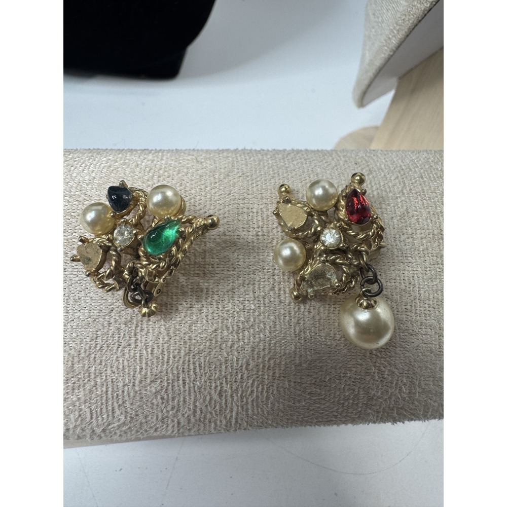 Vintage Marvella Faux Pearl Rhinestone Multi Color Glass Clip On Earrings Gold